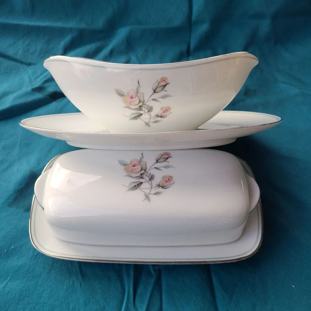 Noritake Margot 5605 Gravy Boat and Butter Dish Set White Rose Floral MCM Vintag